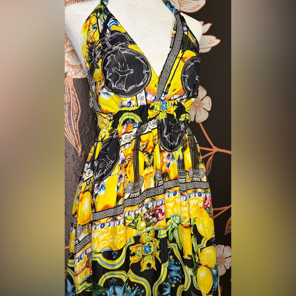 NWT Luxurious Italian Bright Yellow Halter Maxi Dress with Lemon & Floral Print - Picture 5 of 8